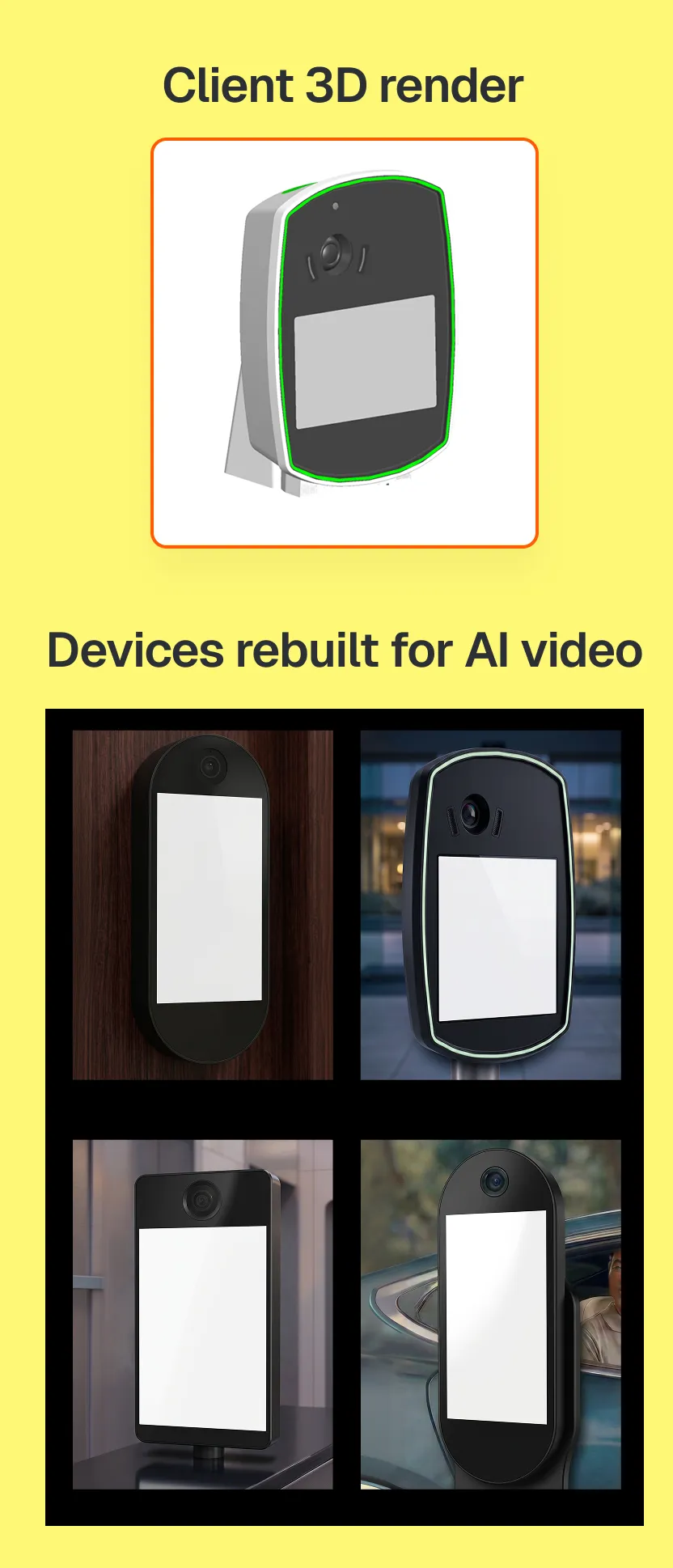 A single client 3D render next to four scanner devices rebuilt by AI from that render and reference shots of the client's existing products, all shown with blank screens