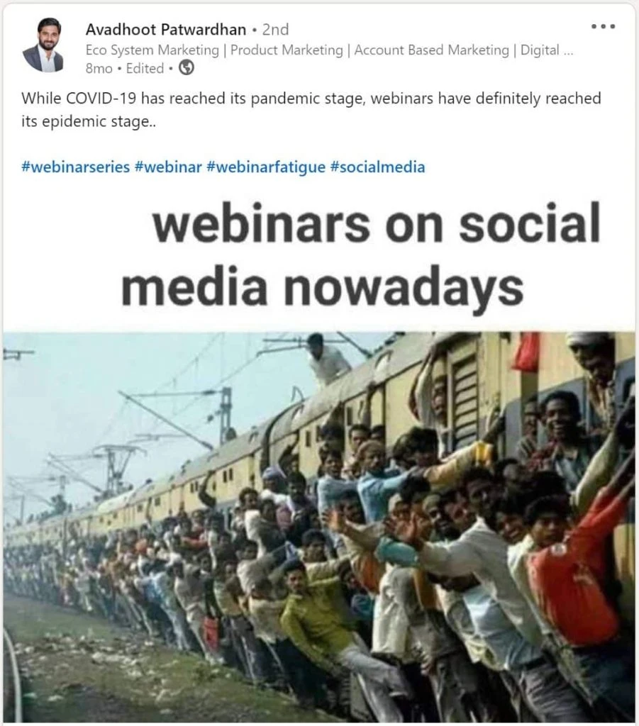 LinkedIn post by Avadhoot Patwardhan saying how webinars have reached an epidemic stage.